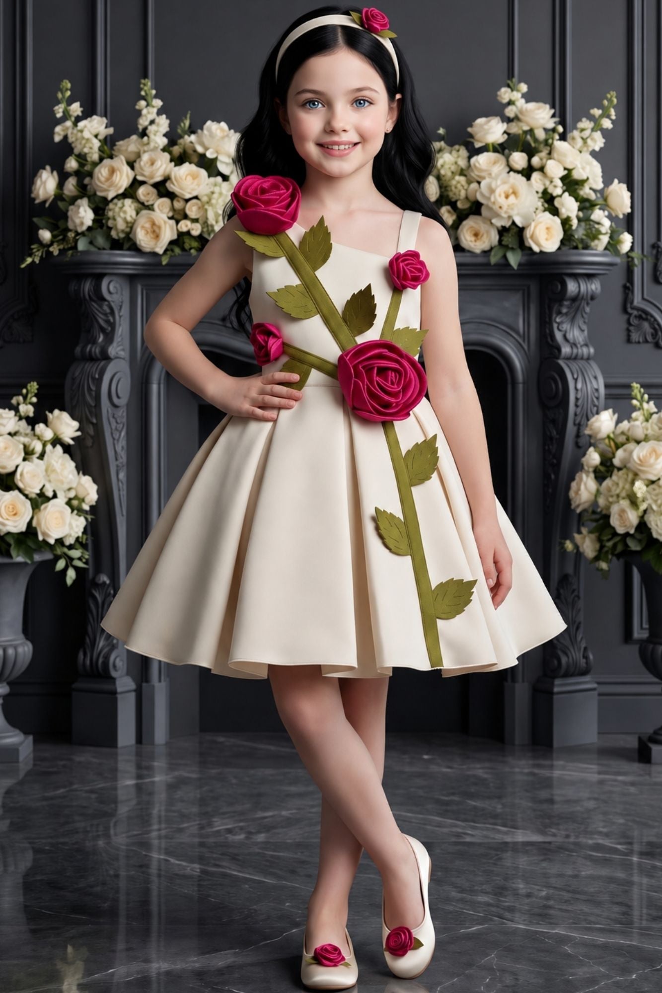 Girls Fawn 3D Rose Applique Party Wear Frock