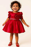 Red Puff Sleeve Party Dress With Oversized Rosette For Girls