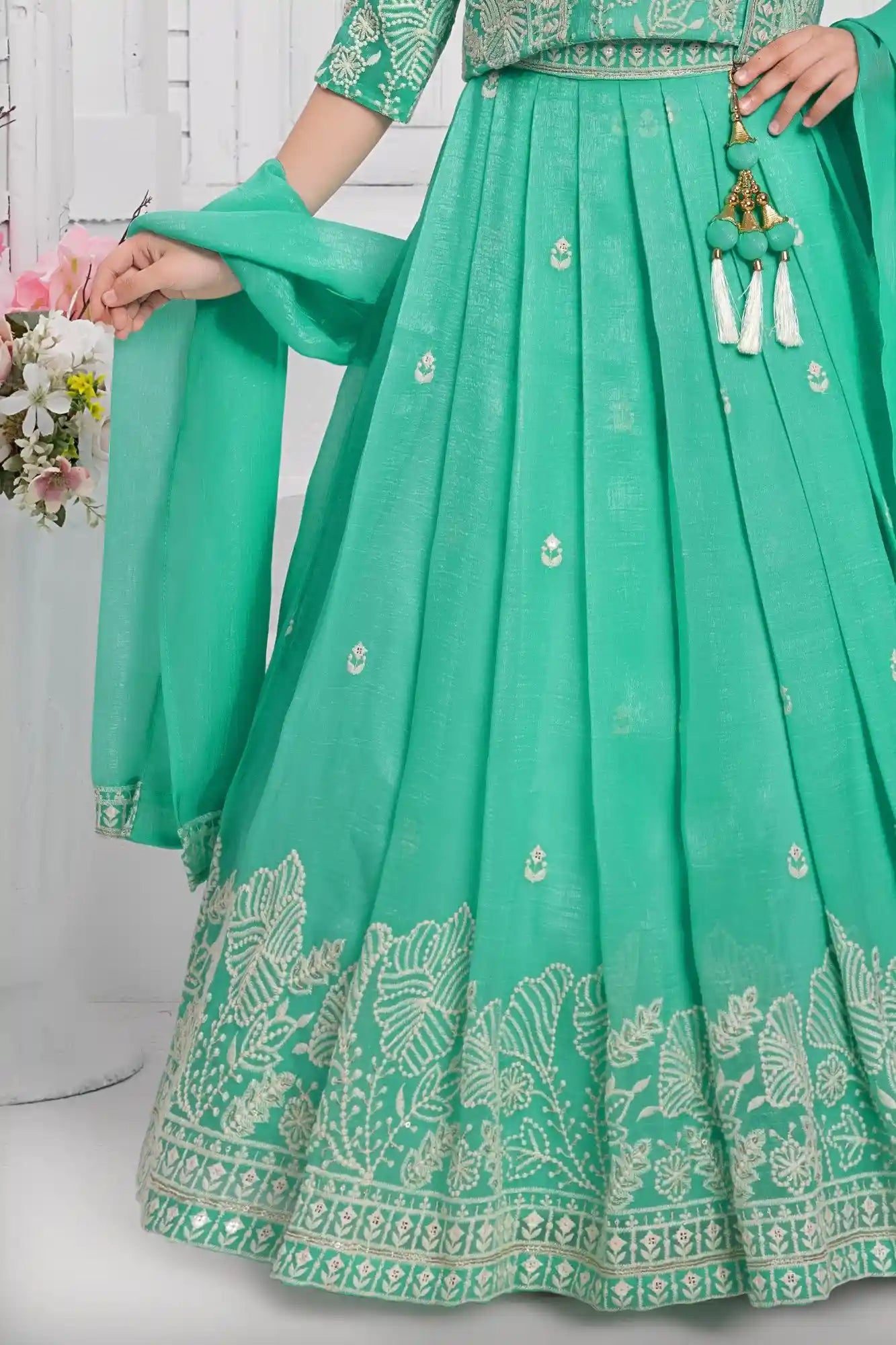 Sea Green Embroidered 3-Piece Ethnic Lehenga Choli Set with Dupatta For Girls