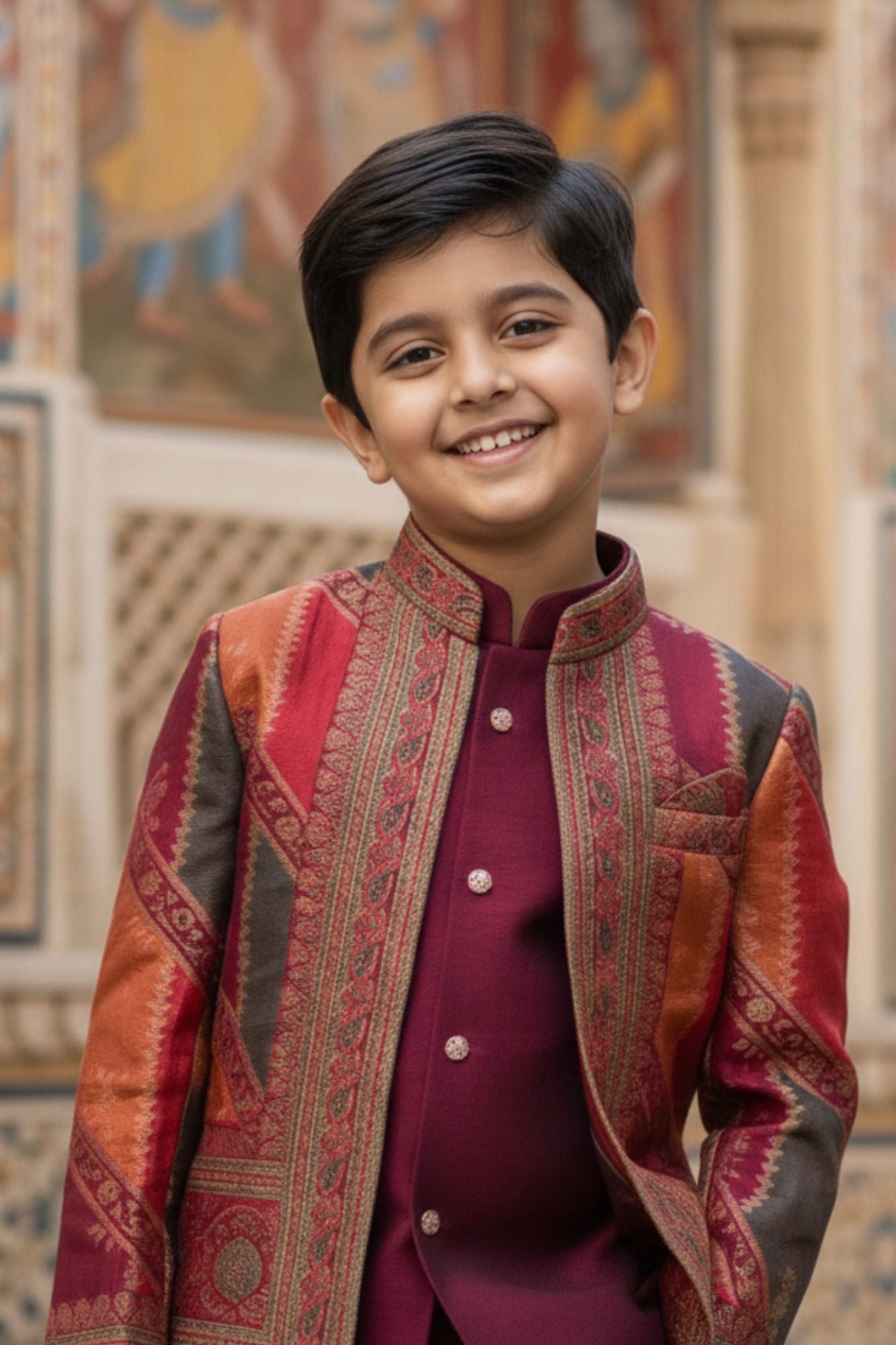 Maroon Premium Brocade Indo Western Suit Set For Boys