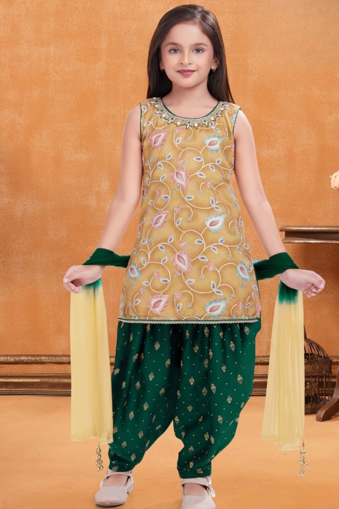Mustard Yellow Floral Embroidered Patiala Set with Dupatta For Girls