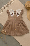 Charming Girls Brown Checked A-Line Dress with Contrast Peter Pan Collar