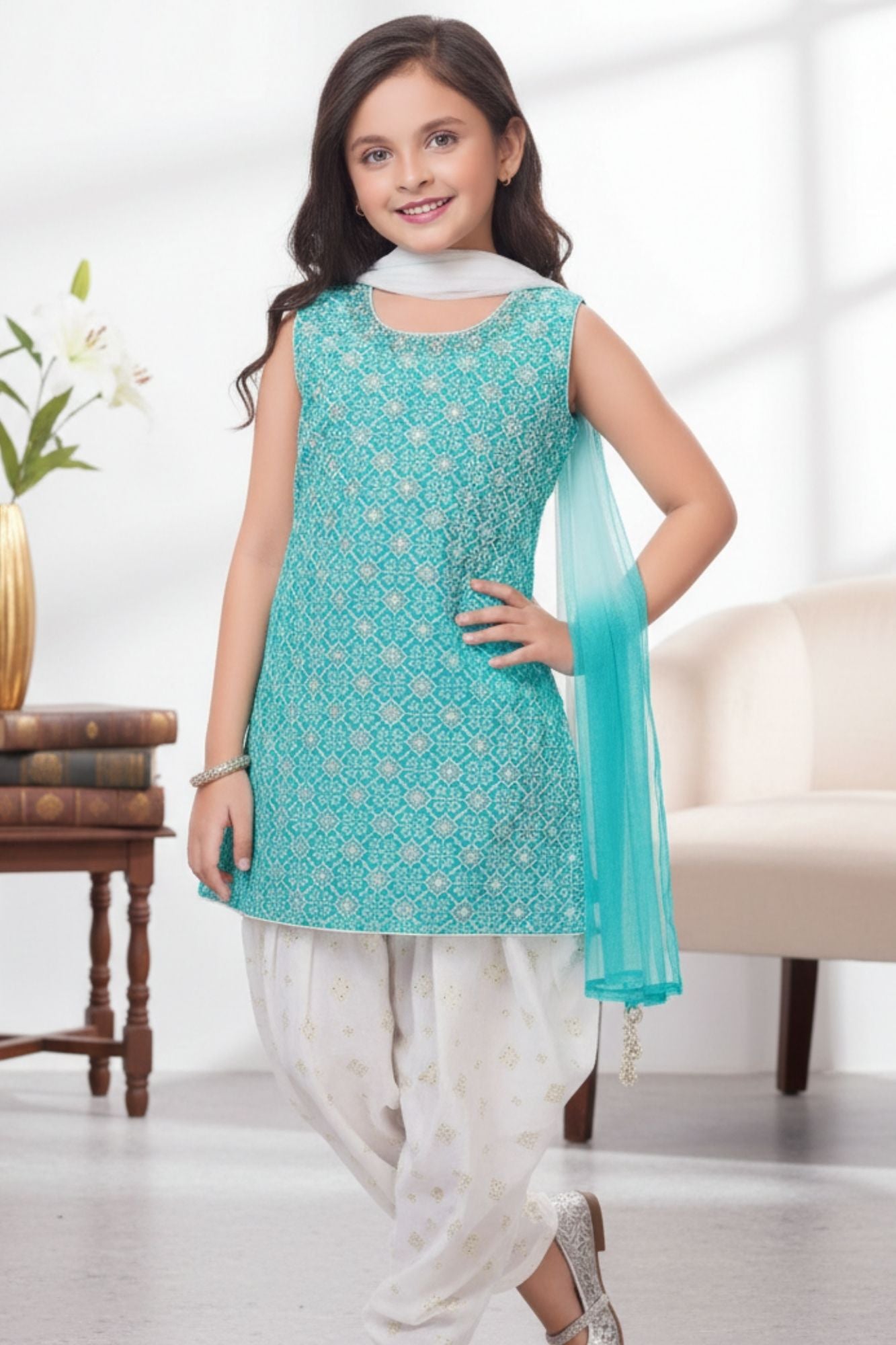 Aqua Blue Embroidered Patiala Suit Set With Dupatta For Girls