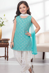 Aqua Blue Embroidered Patiala Suit Set With Dupatta For Girls