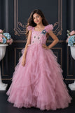 Girls Lavender Floral Embellished Layered Party Wear Gown