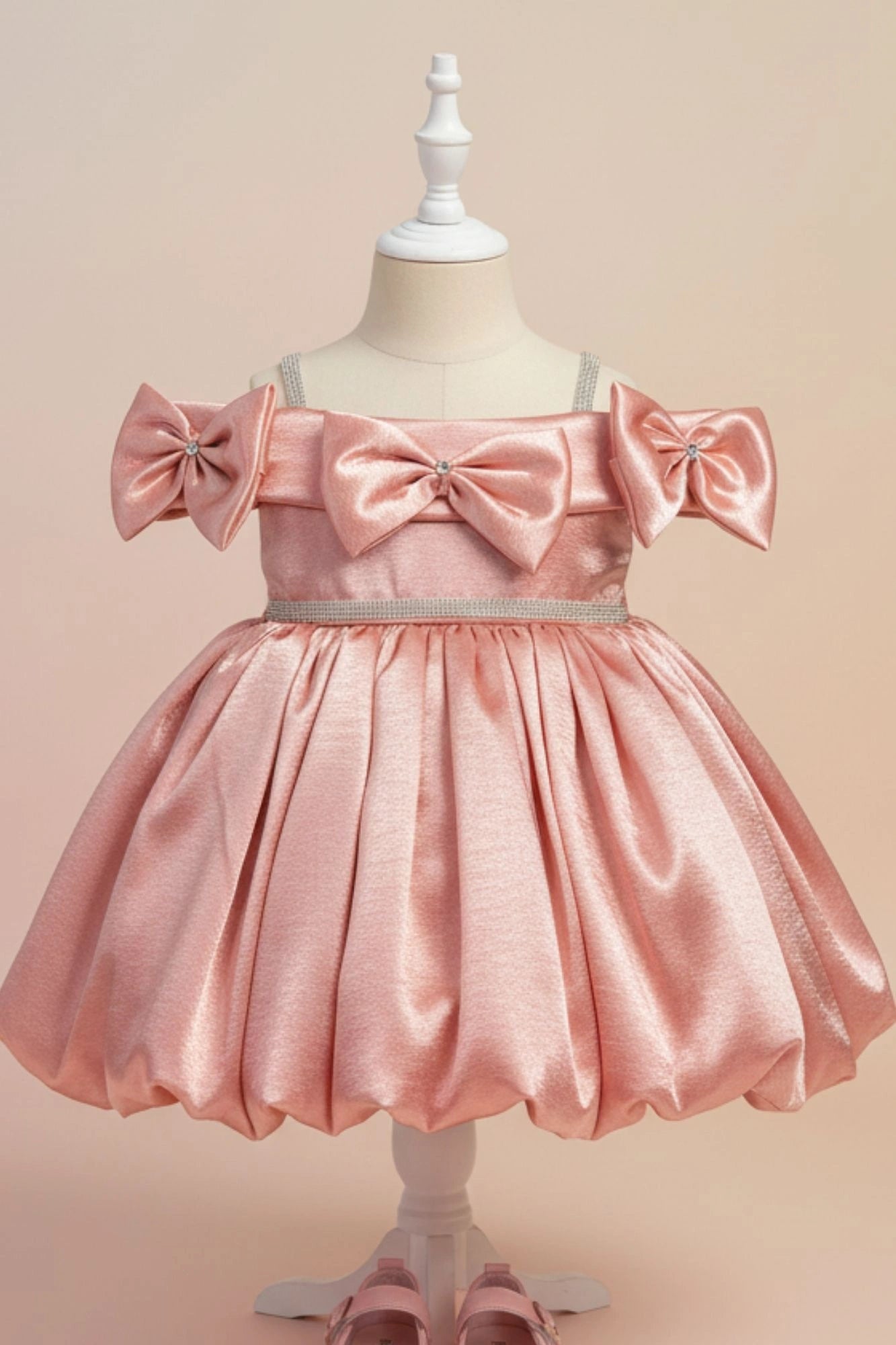 Copper Party Wear Frock with Shoulder Bows and Crystal Belt For Girls