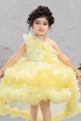 Elegant Shimmer Yellow Net Tailback Ruffle Frock For Girls