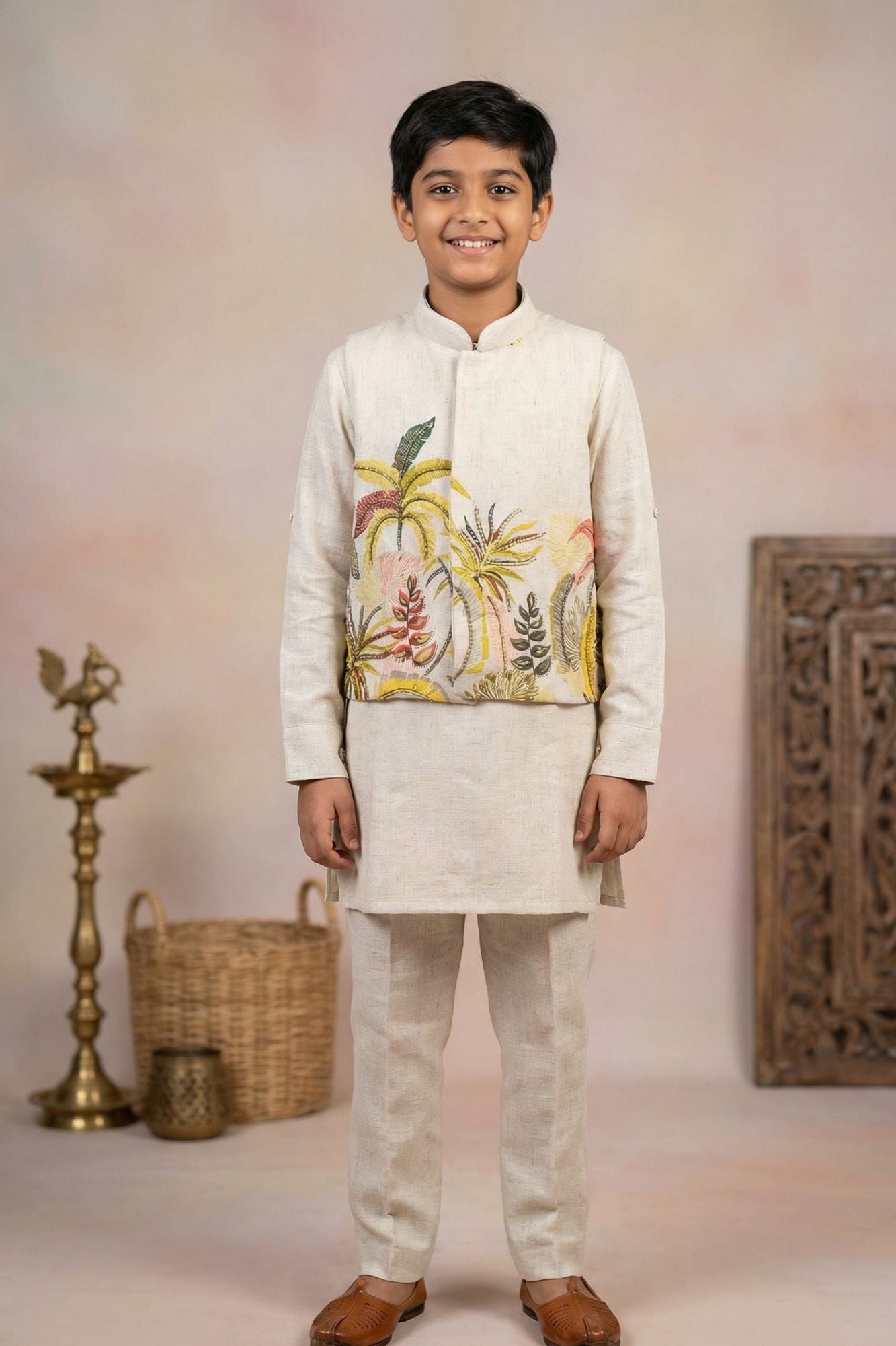 Beige Kurta Set  With Tropical Print Nehru Jacket For Boys
