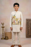 Beige Kurta Set  With Tropical Print Nehru Jacket For Boys
