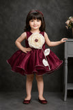 Wine Party Wear Frock With Beige 3D Floral Applique