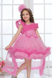 Pink Layered High-Low Tulle Party Frock with Shoulder Pleats For Girls