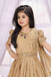 Golden Beige Sequins Embroidered Ethnic Gown with Dupatta for Girls