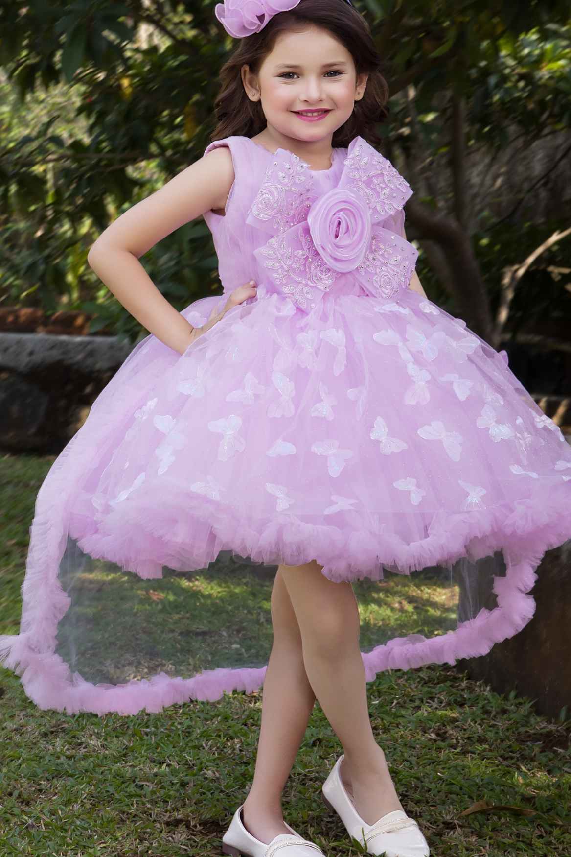Lavender Butterfly And Floral Embellished Party Wear Tailback Frock for Girls