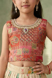 Girls Cream and Red Printed Lehenga Choli Set with Dupatta