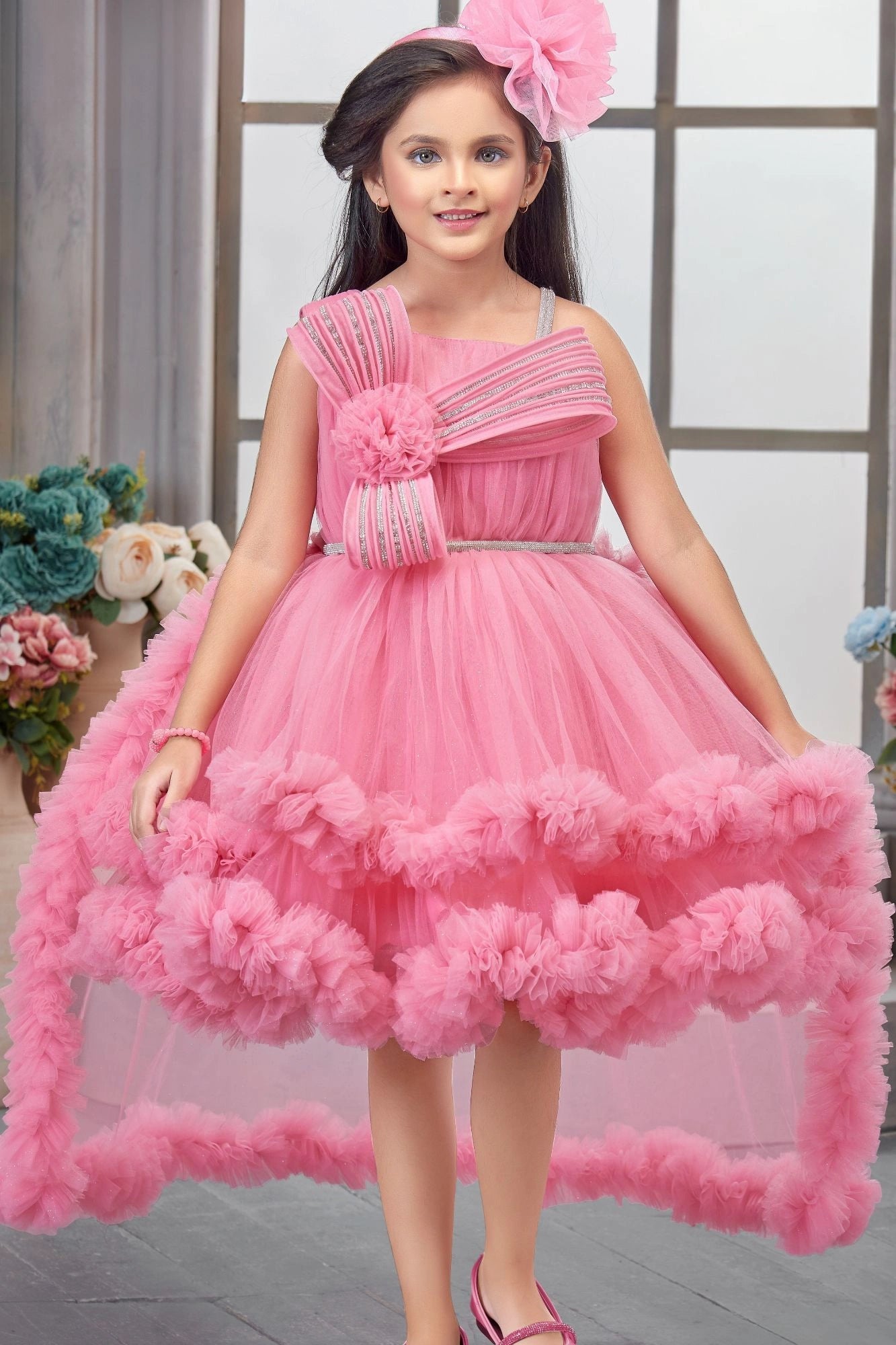 Baby Pink Layered Ruffle Party Frock With Tailback For Girls