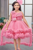 Baby Pink Layered Ruffle Party Frock With Tailback For Girls