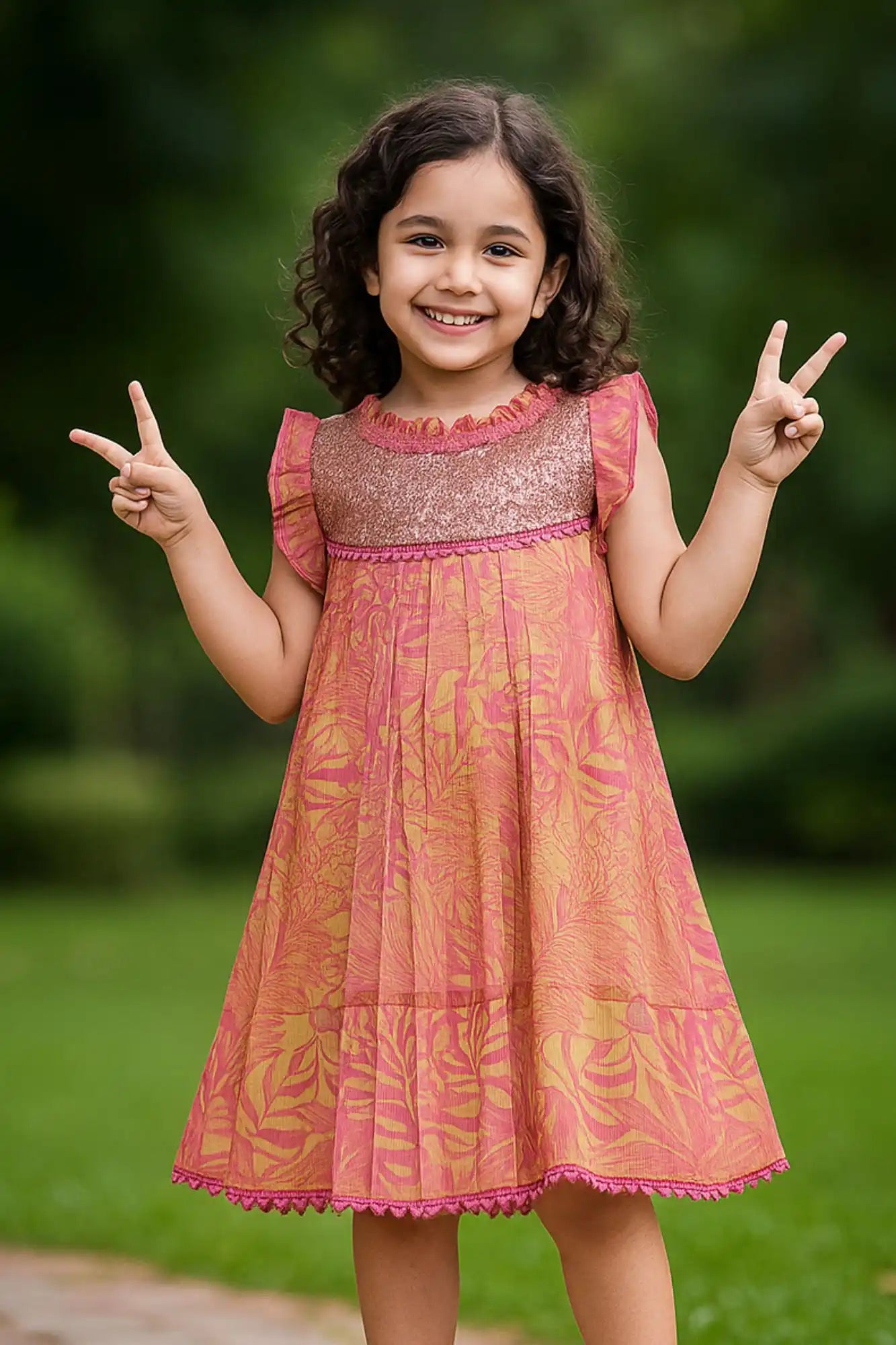 Pink Printed Dress with Sequined Glitter & Frill Sleeves For Girls