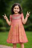 Pink Printed Dress with Sequined Glitter & Frill Sleeves For Girls