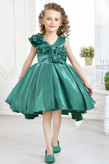 Green Partywear Frock Embellished With Flowers For Girls