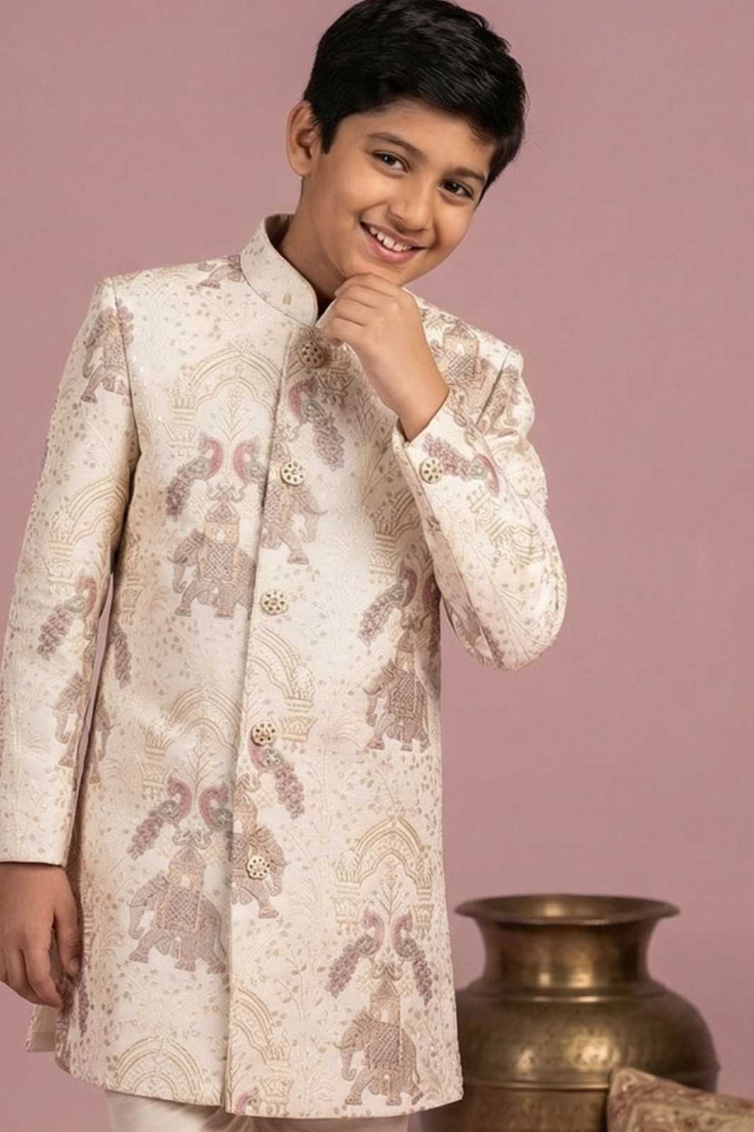 Ivory Heritage Embroidered Sherwani Set For Boys