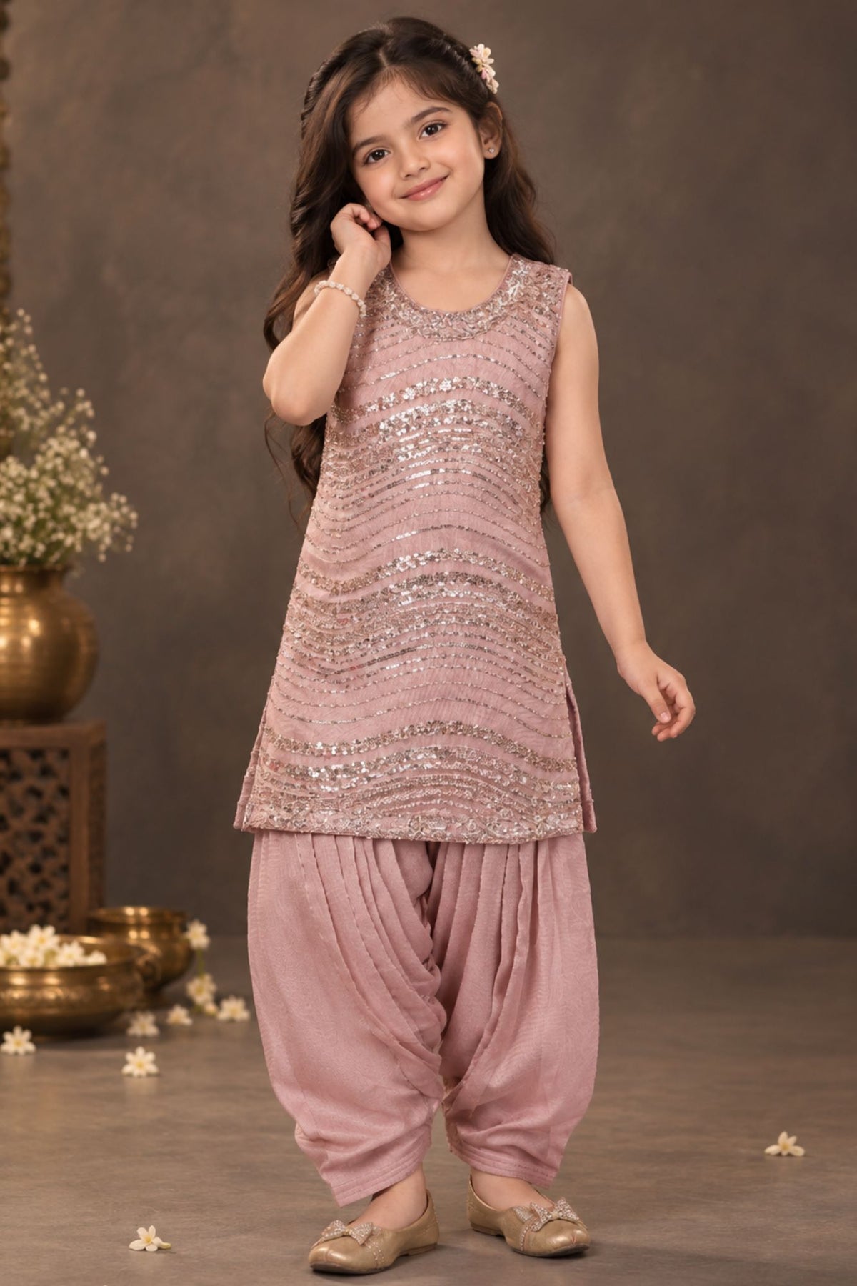 Dusty Pink Sequin Embellished Patiala Set For Girls