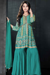 Rama Green Printed And Mirror Work Top With Sharara Set For Girls