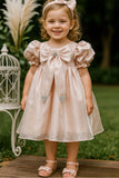 Peach Puff Sleeve And Bow Embellished Frock For Girls
