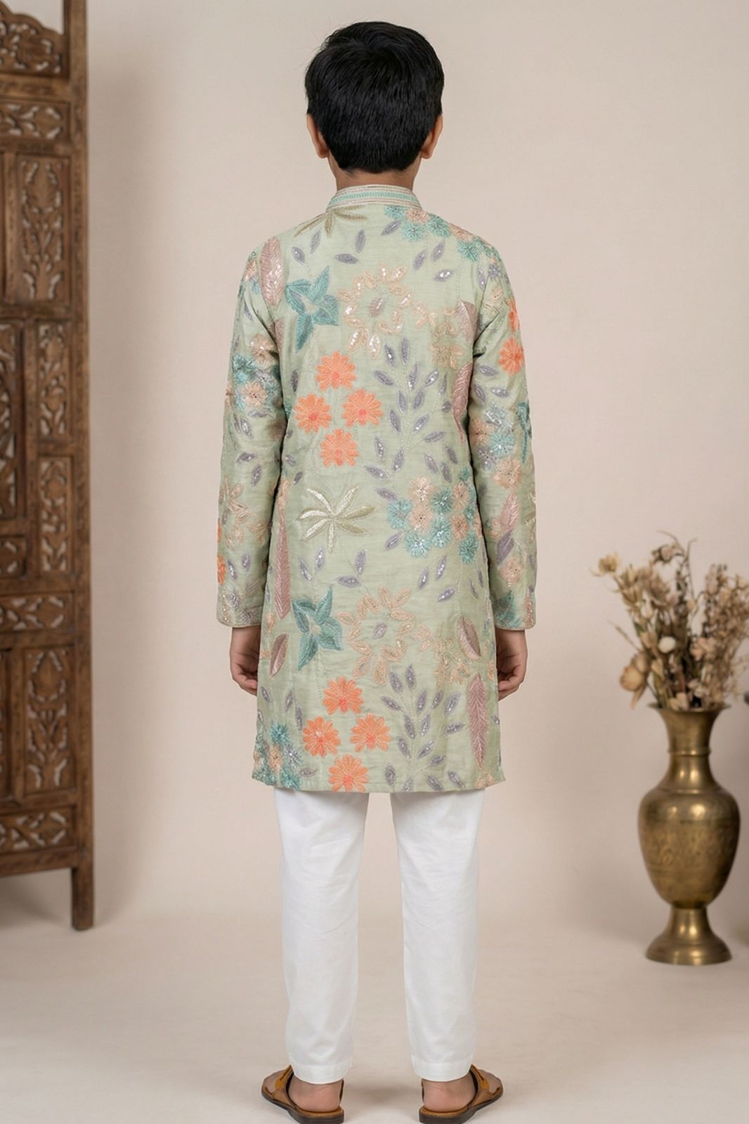 Boys Green Floral Embroidered Kurta Set with Cream Pyjama