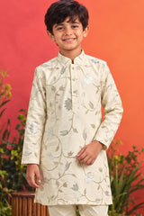Boys Cream Kurta Pajama Set with Floral Gota Patti And Sequin Work