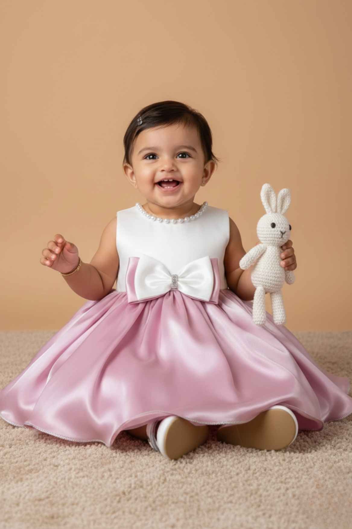 White & Pink Satin Party Frock with Pearl Neckline and Bow Accent For Girls