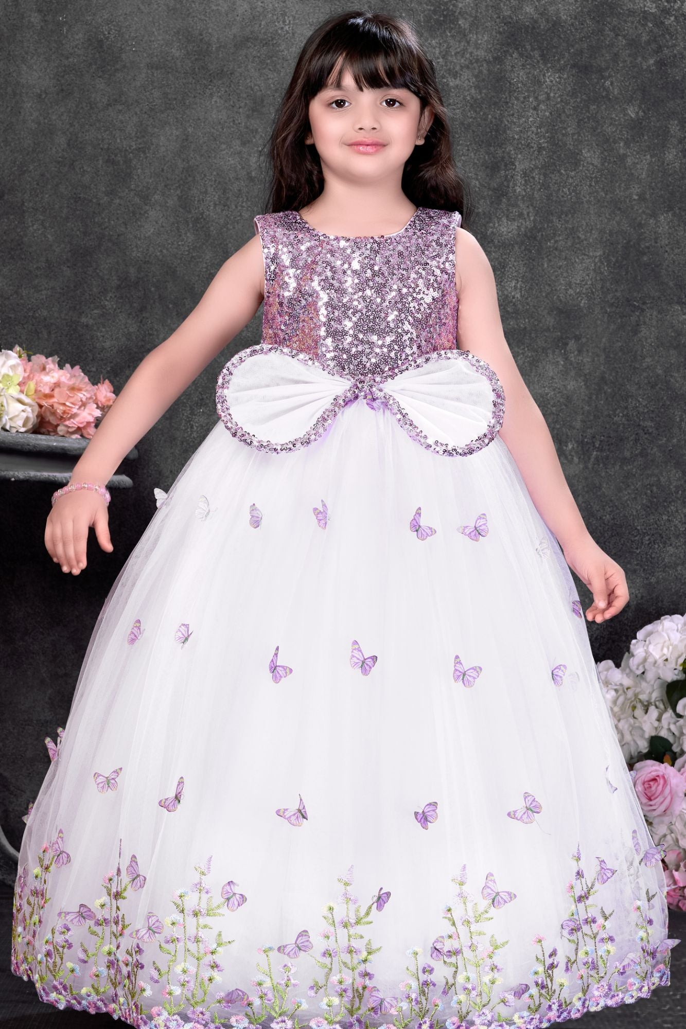 Lavender Butterfly Embroidered Party Wear Gown For Girls