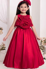 Red Gown With Floral Embellishment For Girls