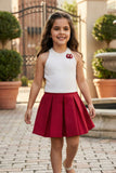White Halter Top And Red Pleated Skirt Co-ord Set For Girls