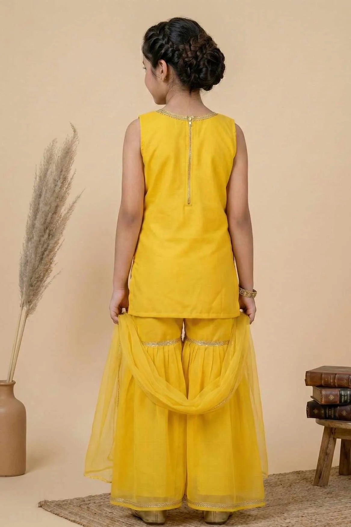 Mustard Yellow Peacock Embroidered Sharara Set with Dupatta For Girls