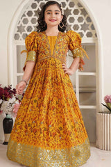 Mustard Printed And Sequin Gown For Girls