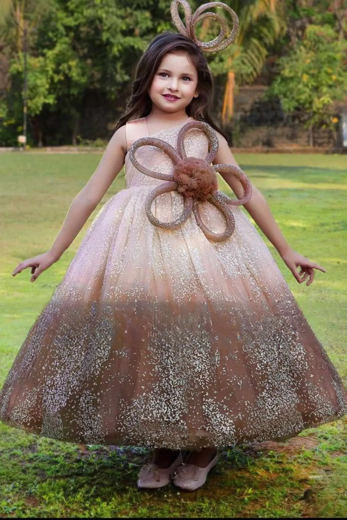 Brown Ombre One-Shoulder Sparkle Party Gown for Girls