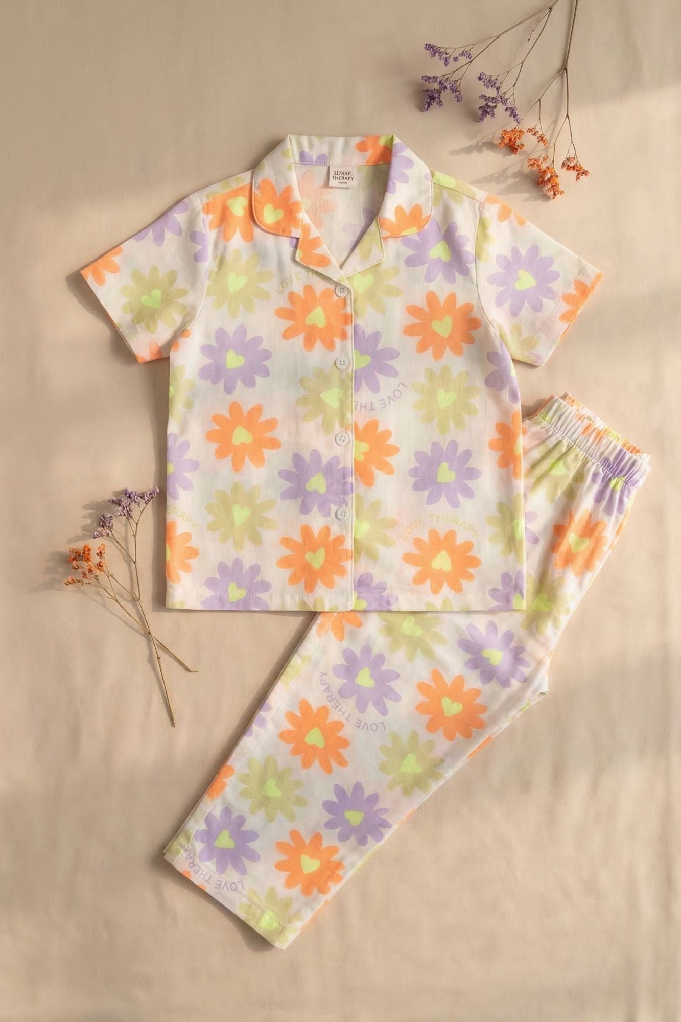 White Multicolor Floral Print Night Suit Set For Girls