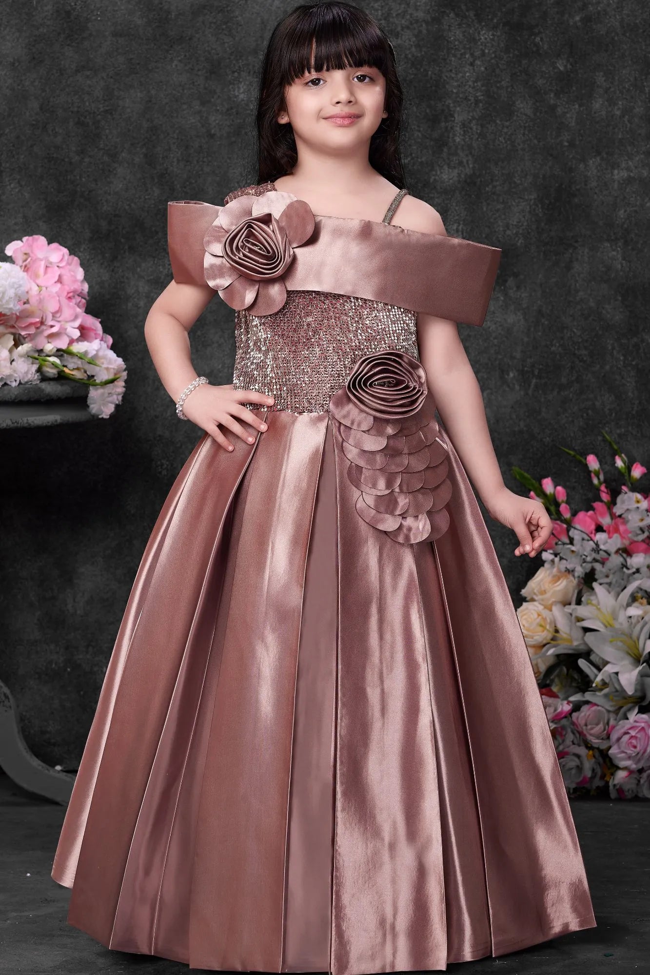 Rose Gold Satin Party Wear Gown with Floral Appliqué For Girls