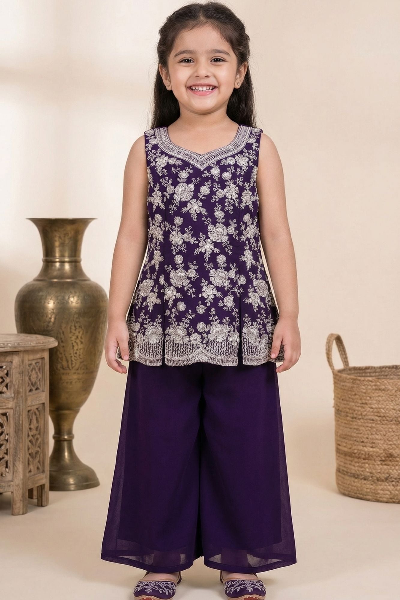 Royal Purple Embroidered Georgette Palazzo Set For Girls