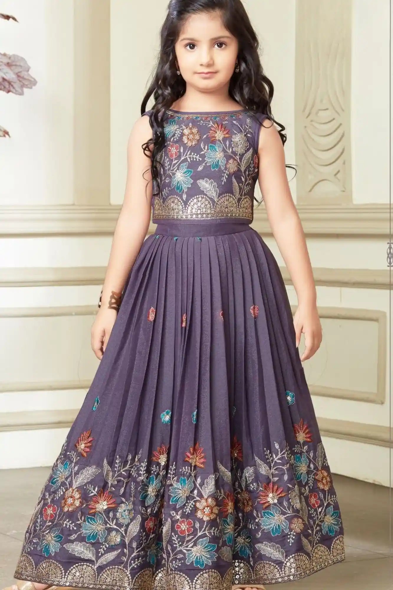 Purple Floral Embroidered Ethnic Lehenga Choli for Girls