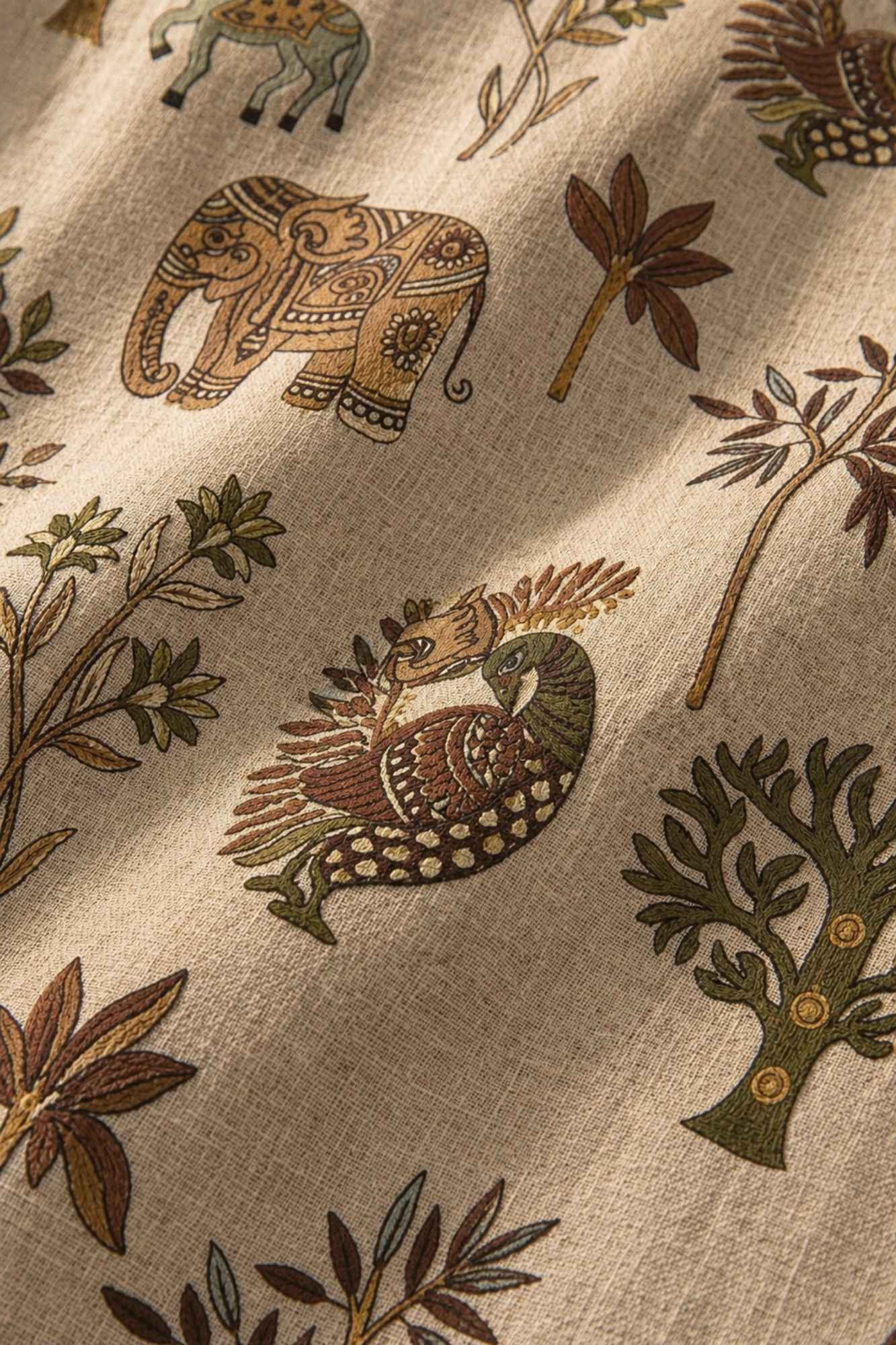 Beige Animal & Nature Embroidered Pure Linen Kurta