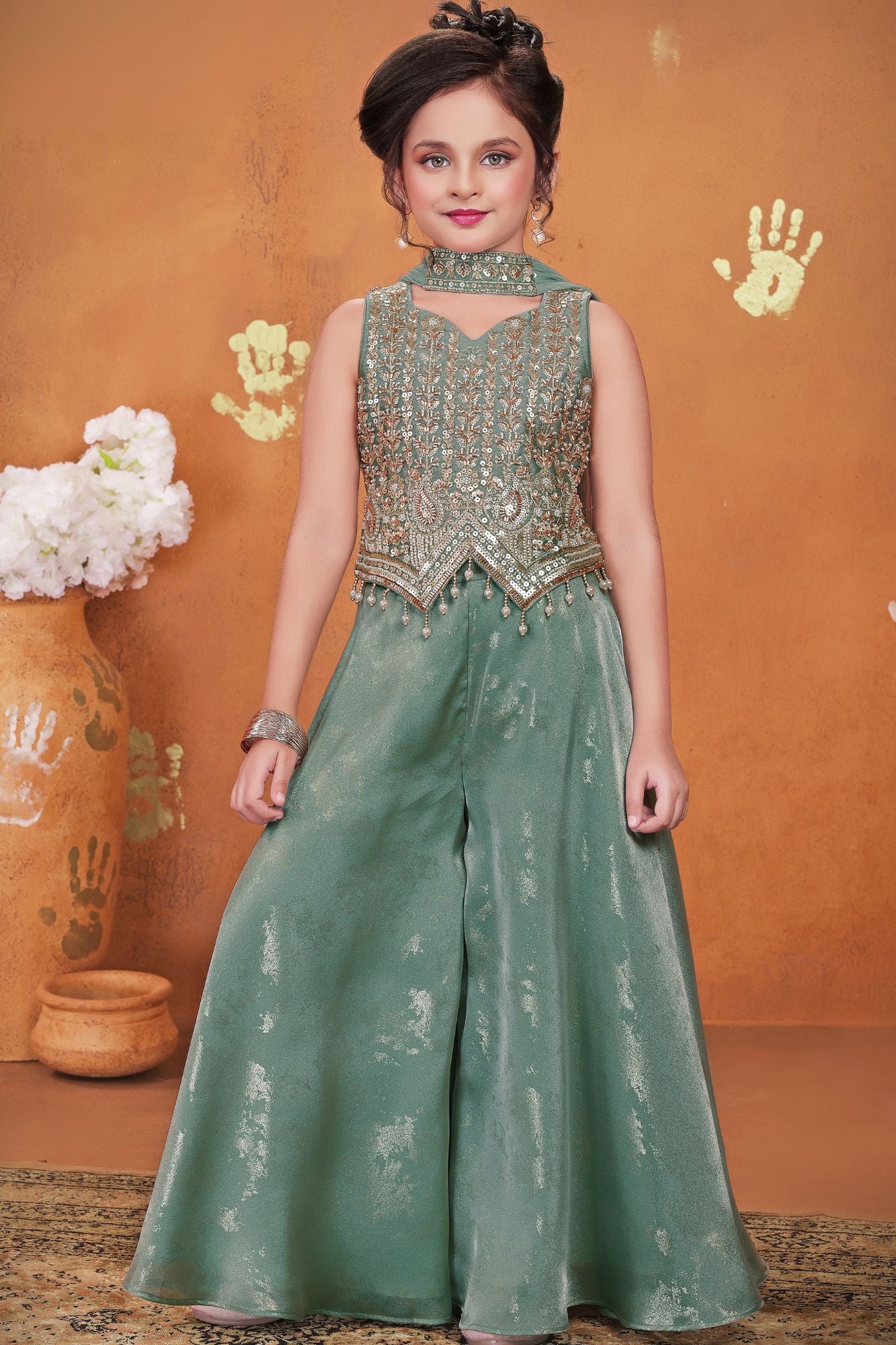 Girls Sage Green Embroidered Palazzo Set With Dupatta