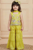Lemon Yellow Embroidered Sharara Set With Dupatta For Girls
