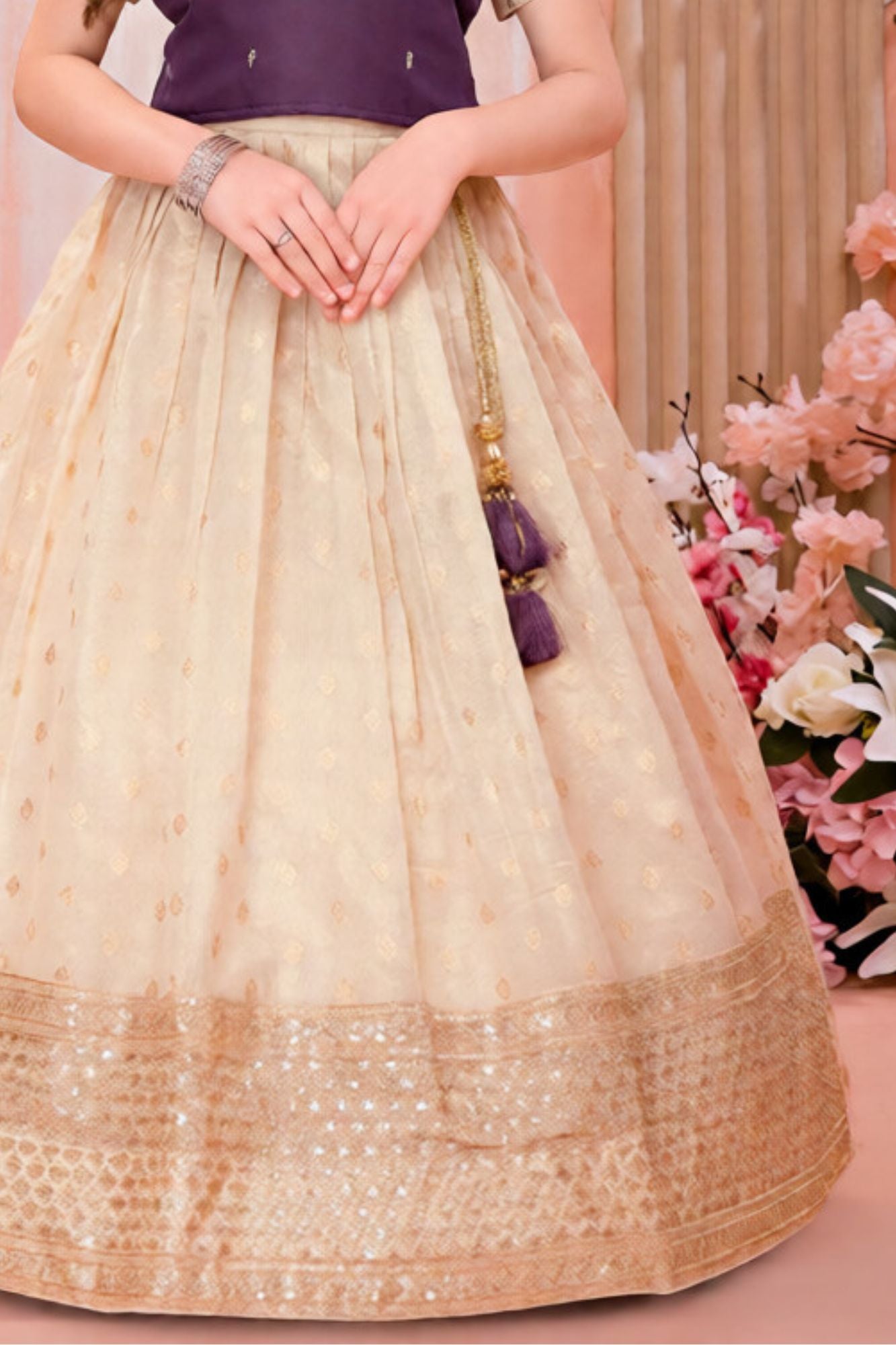 Purple & Cream Zari and Stone Embroidery Pattu Pavadai Set