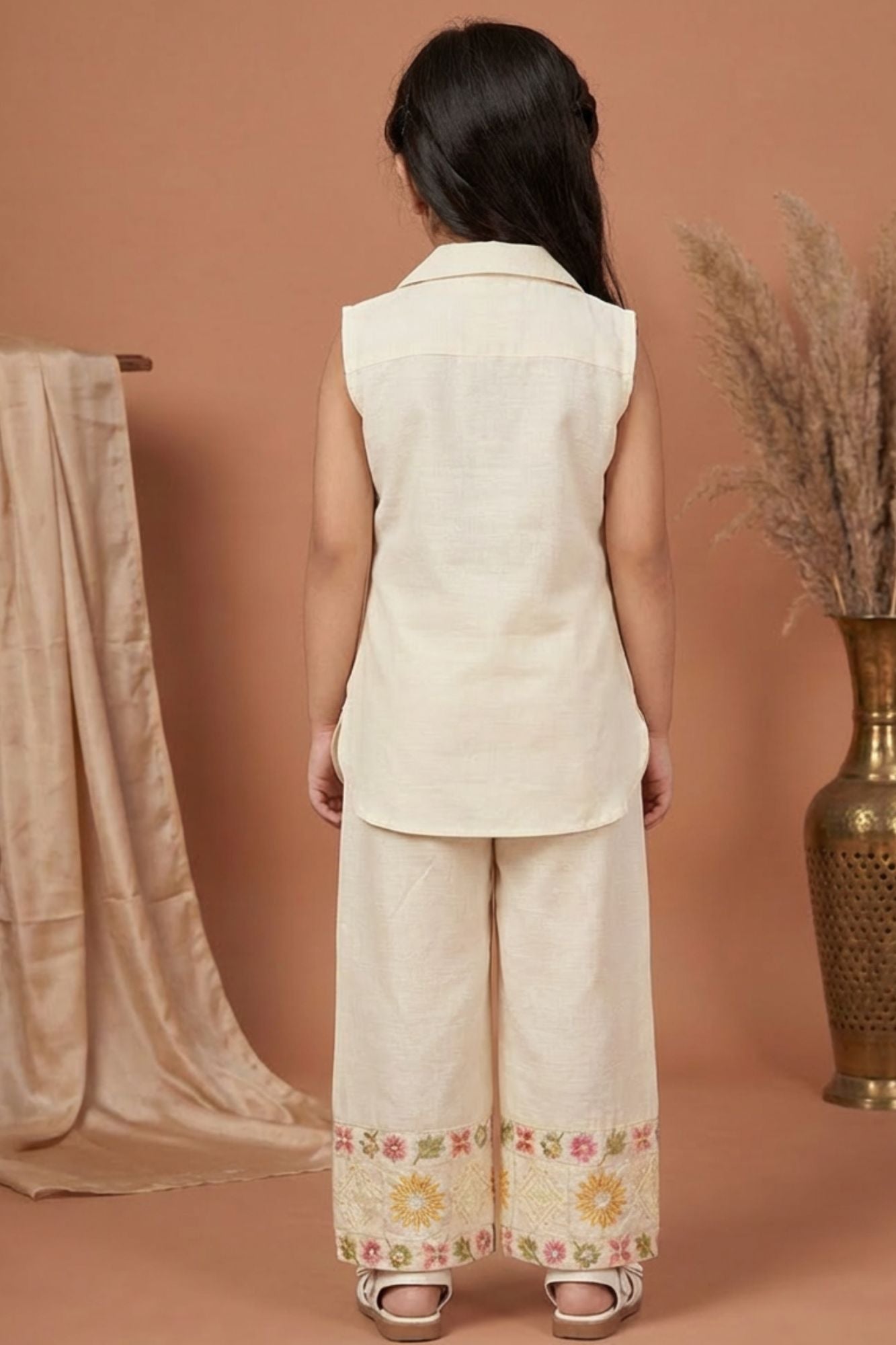 Beige Embroidered Palazzo Set For Girls