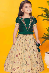 Green And Cream Silk Pattu Pavadai With Gold Foil Print For Girls