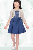 Denim Blue Embroidered Dress With Crochet Shrug For Girls