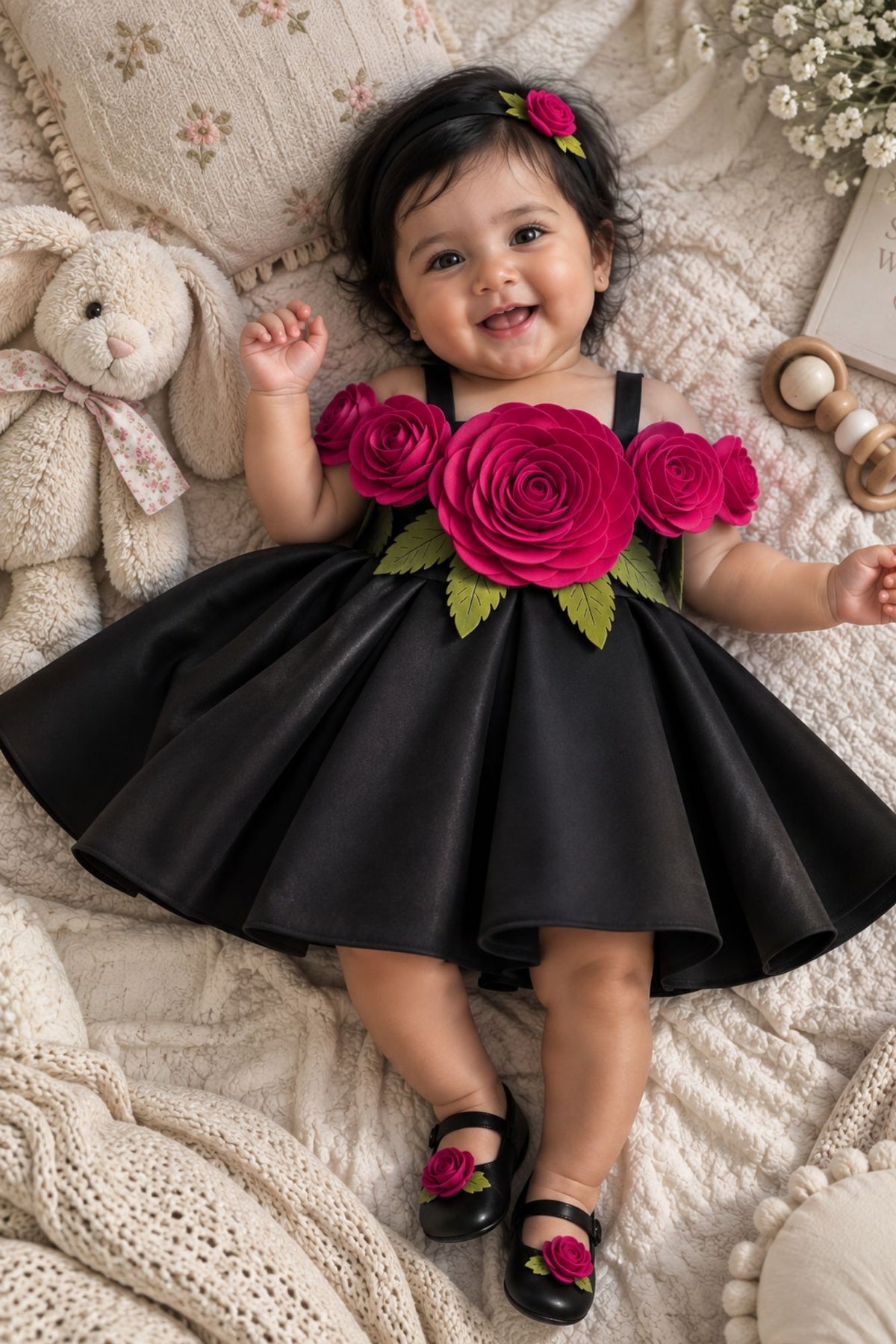 Girls Black 3D Floral Applique Party Wear Frock