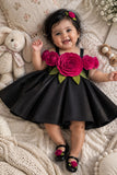 Girls Black 3D Floral Applique Party Wear Frock