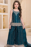 Peacock Blue Designer Embroidered Palazzo Set For Girls